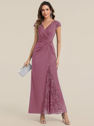 Short Sleeve Deep V-Neck Sequin Bodycon Floor Length Evening Dresses