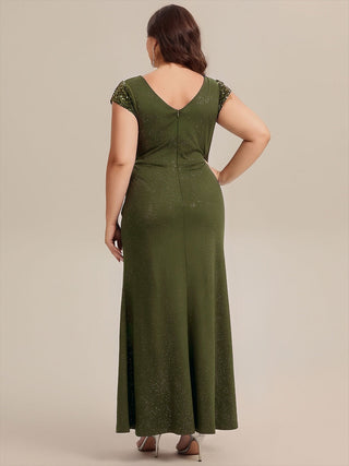 Short Sleeve Deep V-Neck Sequin Bodycon Floor Length Evening Dresses