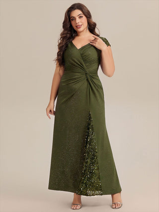Short Sleeve Deep V-Neck Sequin Bodycon Floor Length Evening Dresses