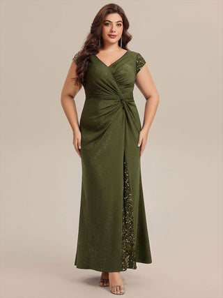 Short Sleeve Deep V-Neck Sequin Bodycon Floor Length Evening Dresses