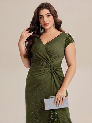 Short Sleeve Deep V-Neck Sequin Bodycon Floor Length Evening Dresses