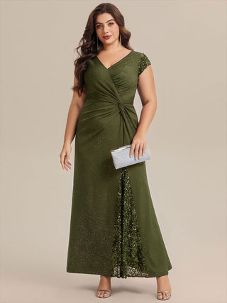 Short Sleeve Deep V-Neck Sequin Bodycon Floor Length Evening Dresses