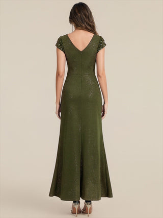 Short Sleeve Deep V-Neck Sequin Bodycon Floor Length Evening Dresses