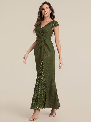 Short Sleeve Deep V-Neck Sequin Bodycon Floor Length Evening Dresses