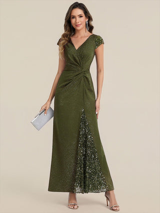 Short Sleeve Deep V-Neck Sequin Bodycon Floor Length Evening Dresses