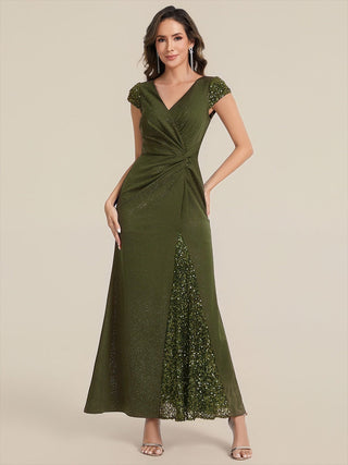 Short Sleeve Deep V-Neck Sequin Bodycon Floor Length Evening Dresses