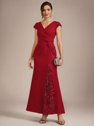 Short Sleeve Deep V-Neck Sequin Bodycon Floor Length Evening Dresses
