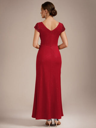 Short Sleeve Deep V-Neck Sequin Bodycon Floor Length Evening Dresses