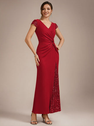 Short Sleeve Deep V-Neck Sequin Bodycon Floor Length Evening Dresses