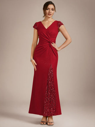 Short Sleeve Deep V-Neck Sequin Bodycon Floor Length Evening Dresses