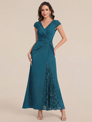 Short Sleeve Deep V-Neck Sequin Bodycon Floor Length Evening Dresses