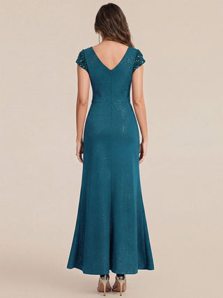 Short Sleeve Deep V-Neck Sequin Bodycon Floor Length Evening Dresses