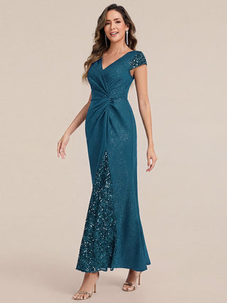 Short Sleeve Deep V-Neck Sequin Bodycon Floor Length Evening Dresses