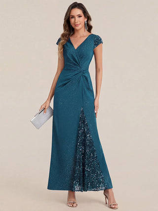 Short Sleeve Deep V-Neck Sequin Bodycon Floor Length Evening Dresses