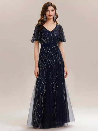 Short Sleeve Ruffle Sequin Deep V-Neck A-Line Floor Length Evening Dresses