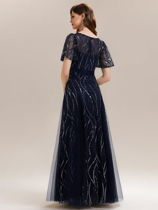 Short Sleeve Ruffle Sequin Deep V-Neck A-Line Floor Length Evening Dresses