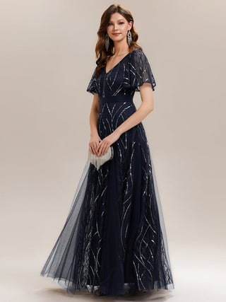 Short Sleeve Ruffle Sequin Deep V-Neck A-Line Floor Length Evening Dresses