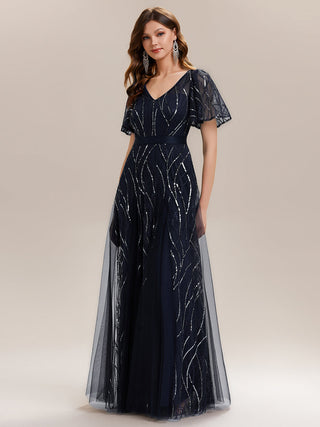 Short Sleeve Ruffle Sequin Deep V-Neck A-Line Floor Length Evening Dresses