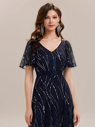 Short Sleeve Ruffle Sequin Deep V-Neck A-Line Floor Length Evening Dresses