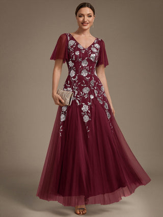 Short Sleeve Ruffle Sequin V-Neck A-Line Floor Length Evening Dresses
