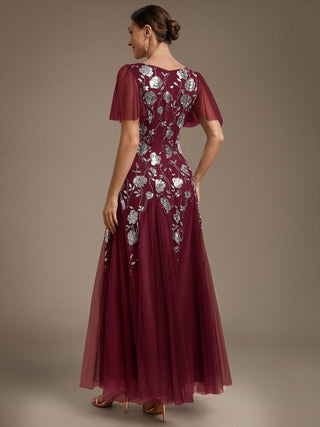 Short Sleeve Ruffle Sequin V-Neck A-Line Floor Length Evening Dresses