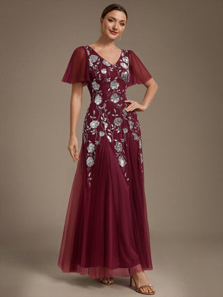 Short Sleeve Ruffle Sequin V-Neck A-Line Floor Length Evening Dresses