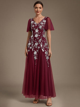Short Sleeve Ruffle Sequin V-Neck A-Line Floor Length Evening Dresses
