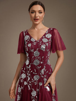 Short Sleeve Ruffle Sequin V-Neck A-Line Floor Length Evening Dresses