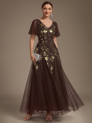 Short Sleeve Ruffle Sequin V-Neck A-Line Floor Length Evening Dresses