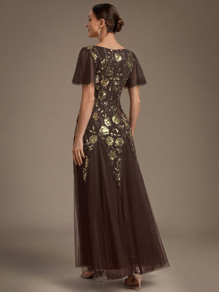 Short Sleeve Ruffle Sequin V-Neck A-Line Floor Length Evening Dresses
