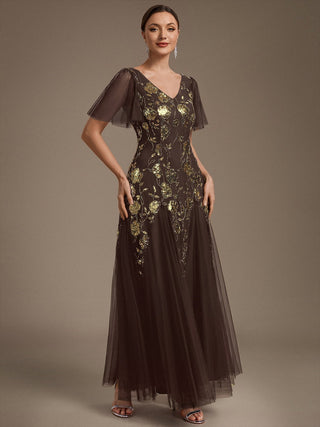 Short Sleeve Ruffle Sequin V-Neck A-Line Floor Length Evening Dresses
