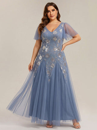 Short Sleeve Ruffle Sequin V-Neck A-Line Floor Length Evening Dresses