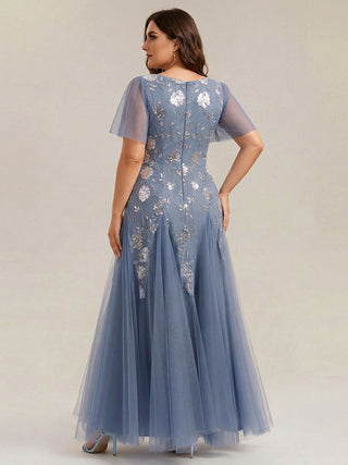 Short Sleeve Ruffle Sequin V-Neck A-Line Floor Length Evening Dresses