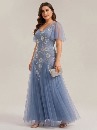 Short Sleeve Ruffle Sequin V-Neck A-Line Floor Length Evening Dresses