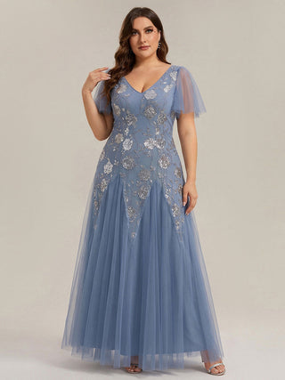 Short Sleeve Ruffle Sequin V-Neck A-Line Floor Length Evening Dresses