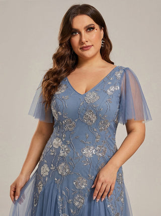 Short Sleeve Ruffle Sequin V-Neck A-Line Floor Length Evening Dresses