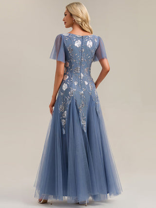 Short Sleeve Ruffle Sequin V-Neck A-Line Floor Length Evening Dresses
