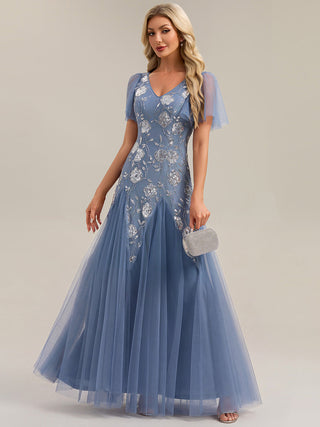 Short Sleeve Ruffle Sequin V-Neck A-Line Floor Length Evening Dresses