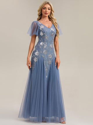 Short Sleeve Ruffle Sequin V-Neck A-Line Floor Length Evening Dresses