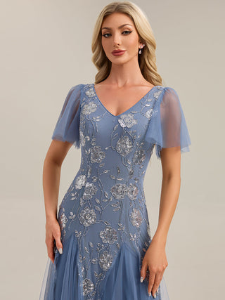 Short Sleeve Ruffle Sequin V-Neck A-Line Floor Length Evening Dresses