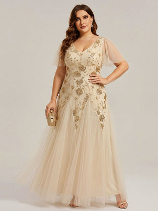 Short Sleeve Ruffle Sequin V-Neck A-Line Floor Length Evening Dresses
