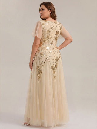 Short Sleeve Ruffle Sequin V-Neck A-Line Floor Length Evening Dresses