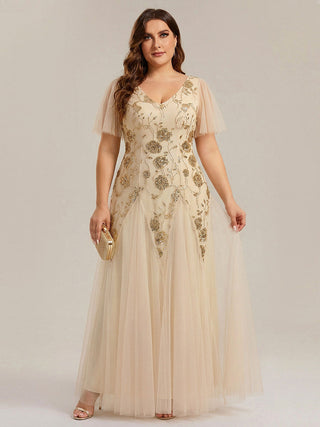 Short Sleeve Ruffle Sequin V-Neck A-Line Floor Length Evening Dresses