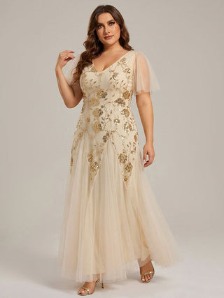 Short Sleeve Ruffle Sequin V-Neck A-Line Floor Length Evening Dresses
