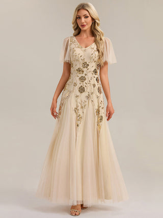 Short Sleeve Ruffle Sequin V-Neck A-Line Floor Length Evening Dresses