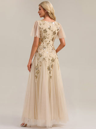 Short Sleeve Ruffle Sequin V-Neck A-Line Floor Length Evening Dresses