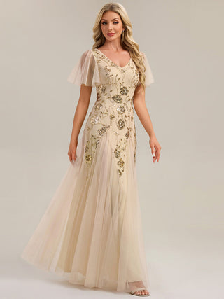 Short Sleeve Ruffle Sequin V-Neck A-Line Floor Length Evening Dresses