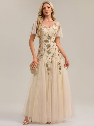 Short Sleeve Ruffle Sequin V-Neck A-Line Floor Length Evening Dresses