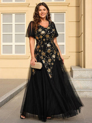 Short Sleeve Ruffle Sequin V-Neck A-Line Floor Length Evening Dresses