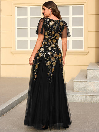 Short Sleeve Ruffle Sequin V-Neck A-Line Floor Length Evening Dresses